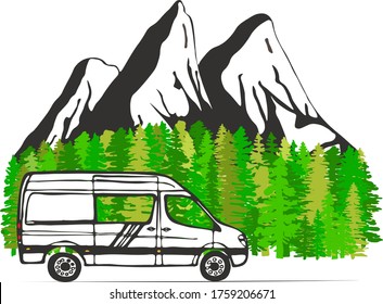 White Van With Forest And Mountains In The Background. Living Van Life, Camping In The Nature, Travelling. Vector Illustration. 