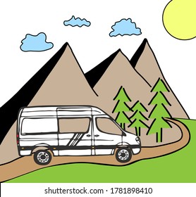White van with forest and mountains in the background. Living van life, camping in the nature, travelling. Vector Illustration. 