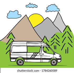 White van with forest and mountains in the background. Living van life, camping in the nature, travelling. Vector Illustration. 