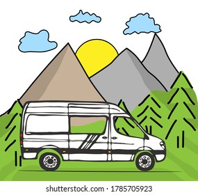 White van with forest and mountains in the background. Living van life, camping in the nature, travelling. Vector Illustration. 