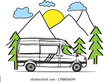 White Van With Forest And Mountains In The Background. Living Van Life, Camping In The Nature, Travelling. Vector Illustration. 