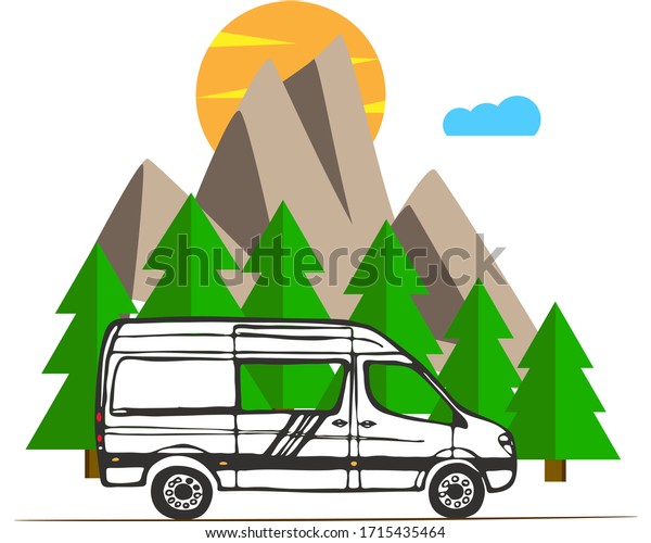 White van with forest and mountains in the background.\
Living van life, camping in the nature, travelling. Vector\
Illustration. 