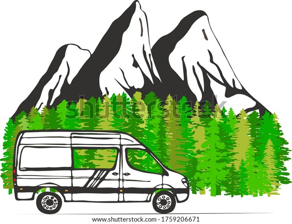 White van with forest and mountains in the background.\
Living van life, camping in the nature, travelling. Vector\
Illustration. 