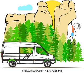 Una furgoneta blanca con el bosque y la formación de rocas de arenisca en el fondo. Feliz escalador cuelga a mano en la roca. Vida de la camioneta, acampada en la naturaleza, concepto de viaje. Ilustración vectorial.  