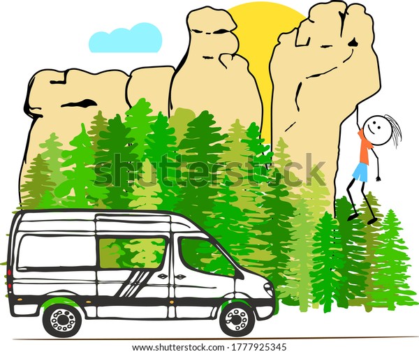 A white van with forest and sandstone rock formation in\
the background. Happy climber hang by hand on rock. Living van\
life, camping in nature, travelling concept. Vector Illustration. \
