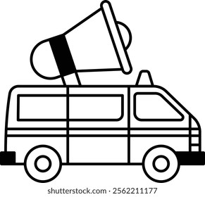A white van with a large speaker on top of it