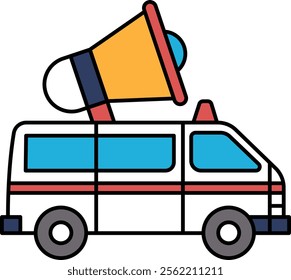 A white van with a large speaker on top of it