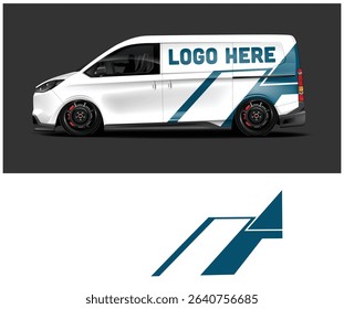 White van mockup with teal and white racing stripes, 'Logo Here' placeholder, and space for branding.