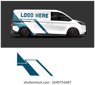 White van mockup with teal and white stripes, 'Logo Here' placeholder, ideal for branding and advertising.