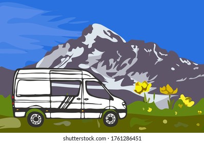 White van with mount Kazbek in the background. Blue sky, grass with yellow flowers. Georgia. Vector Illustration. 
