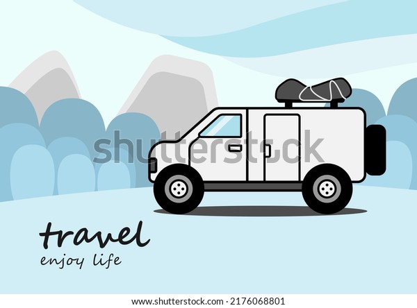 White van in the nature background vector.\
Van life, motor home, travel, camp and party, road trip, caravan,\
adventure holiday vacation, journey, outdoor lifestyle concept. Car\
in forest illustration.