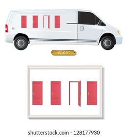 White van with red doors. Vector design.