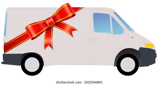 Camioneta blanca con cinta roja que indica el concepto de entrega gratuita o ofrecida.
