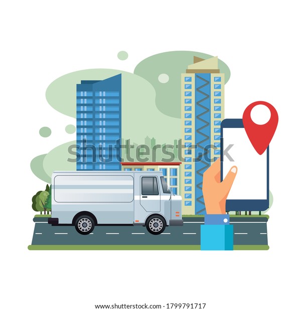 white van vehicle transport with\
smartphone and gps scene vector illustration\
design