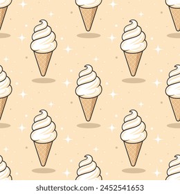 White vanilla ice cream cones on beige background. Vector seamless pattern.