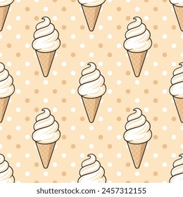 White vanilla ice cream cones on beige dotted background. Vector seamless pattern.
