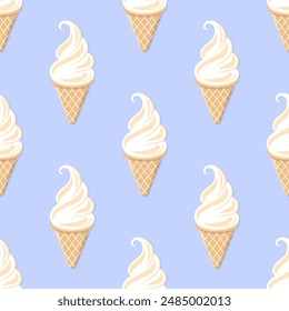 Conos de helado de vainilla blanca sobre fondo azul. Vector sin patrón. Ideal para textiles, Fondos de pantalla, papel de embalaje, paquete y su diseño.