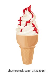 White vanilla ice-cream cone and red jam on a white background