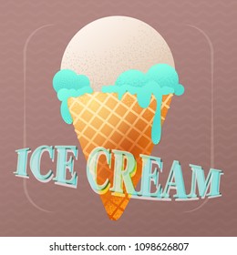 White vanilla and mint ice cream cone, waffle with dots on brown background with text. Flat design. Vector illustration. Element for banner, cards, poster, holiday, party.