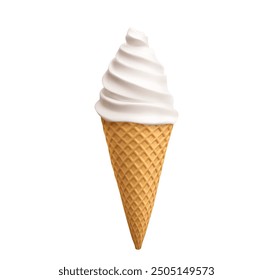 White vanilla soft ice cream swirl in waffle cone. Realistic 3d vector illustration of cold sweet summer milk dessert in poke cup with wafer texture. Frozen liquid twisted sugar creamy sundae snack.