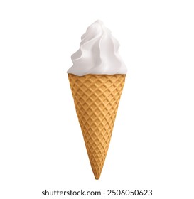 White vanilla soft ice cream swirl in waffle cone. Realistic 3d vector illustration of cold sweet summer milk dessert in poke cup with wafer texture. Frozen liquid twisted sugar creamy sundae snack.