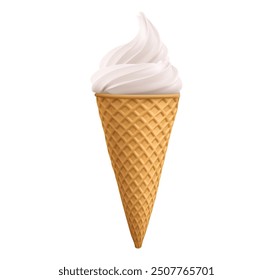 White vanilla soft ice cream swirl in waffle cone. Realistic 3d vector illustration of cold sweet summer milk dessert in poke cup with wafer texture. Frozen liquid twisted sugar creamy sundae snack.