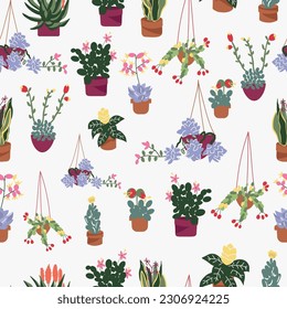 White variety of Succulents seamless vector pattern background. Floral pattern with blooming succulents. Spring pattern with blooming flowers.