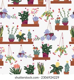 White variety of Succulents seamless vector pattern. Floral pattern with blooming succulents. Spring pattern with blooming flowers.