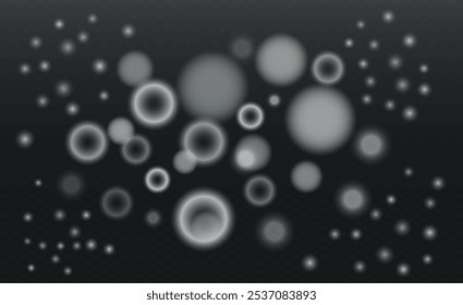 White various bokeh on a black transparent background, vector glow lights