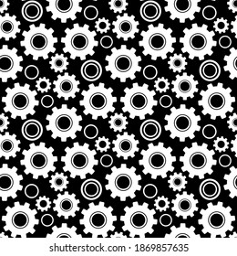White various cogwheels isolated on black background. Simple monochrome seamless pattern. Vector flat graphic illustration. Texture.
