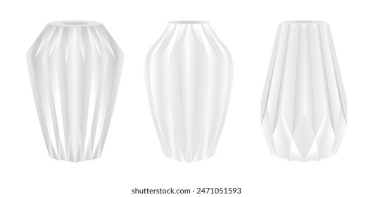 white vase vector set, porcelain vessel for flowers. trendy vase with geometric texture. vector illustration isolated on white background.