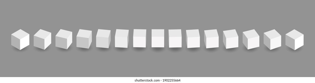 White vector 3d cubes animation. Cube icons in a perspective. Geometric blocks rotate with shadow. Vector illustration isolated on grey background.