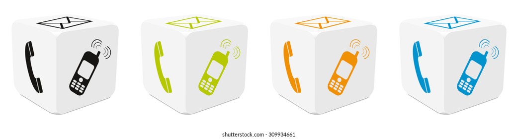 White Vector 3D Cubes Set with Colored Mapped Icons - Black, Green, Orange and Blue Collection - Multimedia - Telephone, E-Mail, Mobile Phone