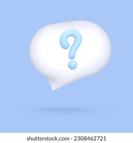 White vector 3d speech bubble with question mark, isolated on blue background. Vector illustration for postcard, banner, web, design, arts.