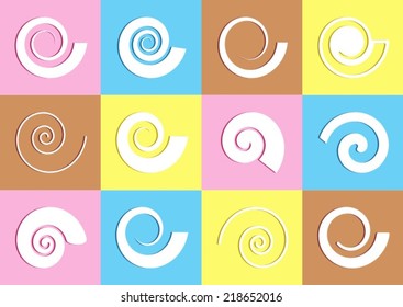 White vector abstract spiral icons in colorful rectangles