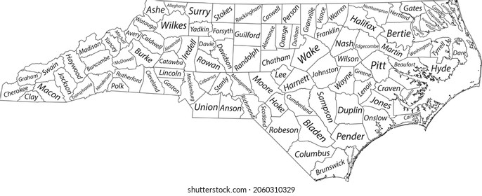White vector administrative map of the Federal State of North Carolina, USA with black borders and name tags of its counties