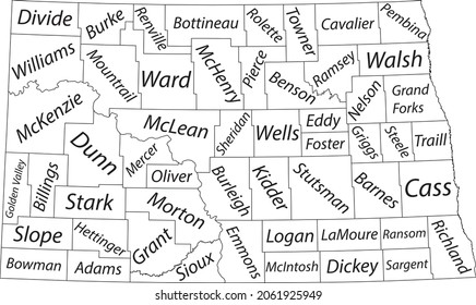 White vector administrative map of the Federal State of North Dakota, USA with black borders and name tags of its counties