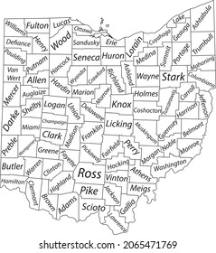 Mapa administrativo vector blanco del Estado Federal de Ohio, EE.UU. con fronteras negras y etiquetas de nombres de sus condados
