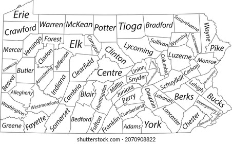 White vector administrative map of the Federal State of Pennsylvania, USA with black borders and name tags of its counties