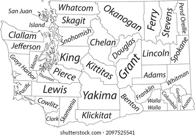 White vector administrative map of the Federal State of Washington, USA with black borders and name tags of its counties