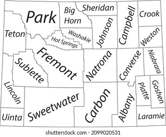 White vector administrative map of the Federal State of Wyoming, USA with black borders and name tags of its counties
