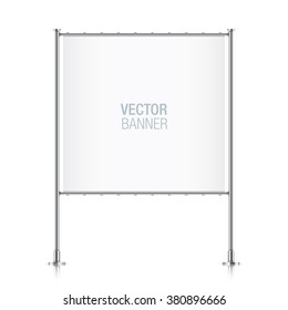 White vector advertising banner. Square banner, with metal construction isolated on background.