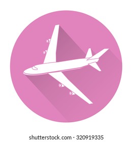 White vector airplane on color circle background.