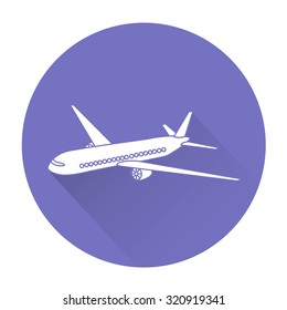 White vector airplane on color circle background.