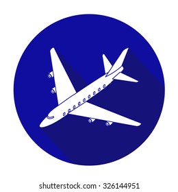 White vector airplane on color circle background.