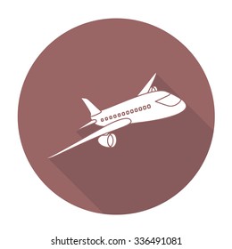 White vector airplane on color circle background.