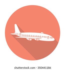 White vector airplane on color circle background.