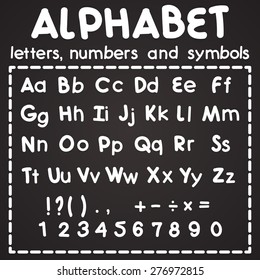 White vector alphabet on black background, available all letters, numbers and  symbols, medium font. 