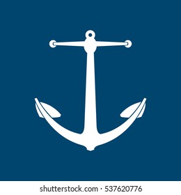 A white vector anchor icon on a navy background. This classic nautical symbol is illustrated in a simple flat style.