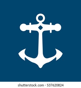 A white vector anchor icon on a navy background. This classic nautical symbol is illustrated in a simple flat style.